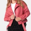 Izze Sleek Plain Pink Biker Women Leather Jacket