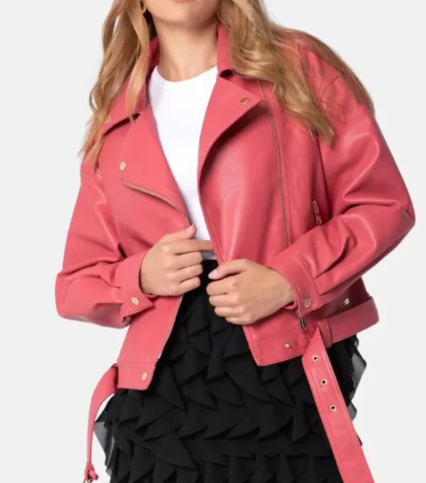 Izze Sleek Plain Pink Biker Women Leather Jacket