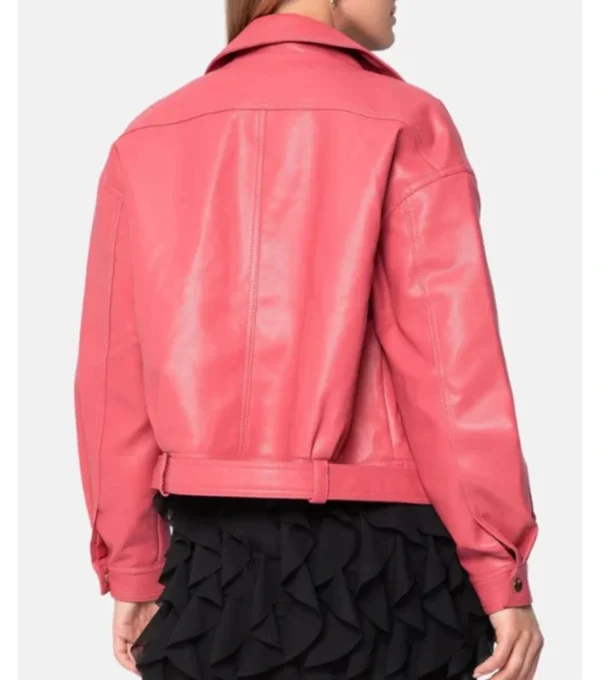Izze Sleek Plain Pink Biker Women Leather Jacket Back