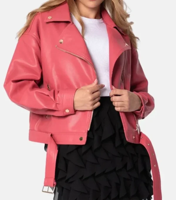 Izze Sleek Plain Pink Biker Women Leather Jacket Front