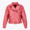Izze Sleek Plain Pink Biker Women Leather Jacket Front View