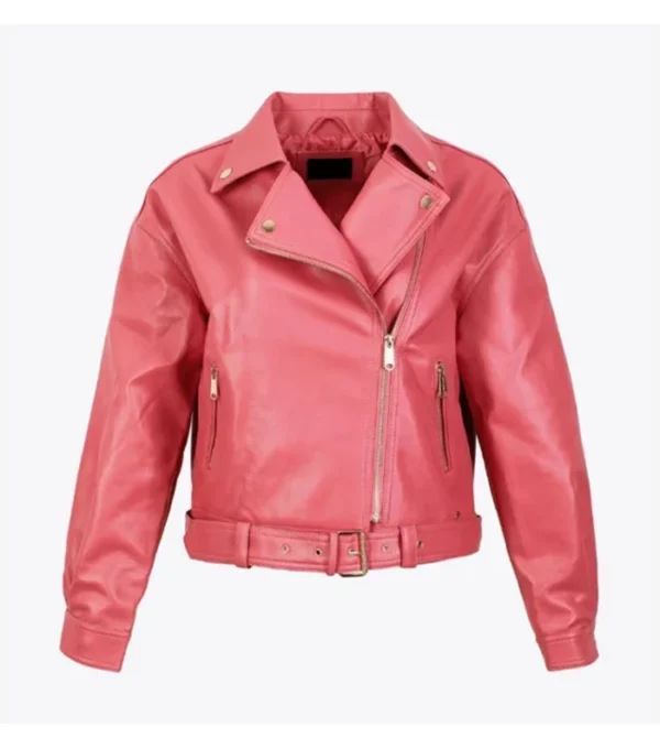 Izze Sleek Plain Pink Biker Women Leather Jacket Front View
