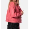 Izze Sleek Plain Pink Biker Women Leather Jacket Side View