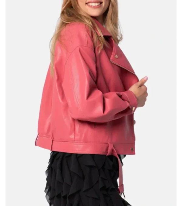Izze Sleek Plain Pink Biker Women Leather Jacket Side View