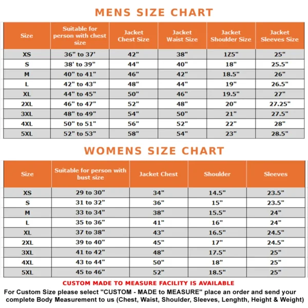 JF Mens and womens Jacket Coat Vest size chart