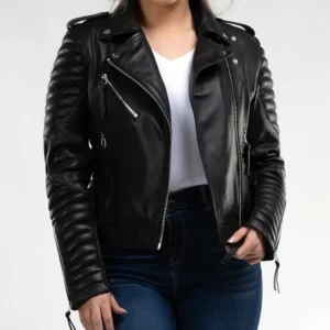 Jairess Timeless Look Black Biker Quilted Sleeves Leather Jacket