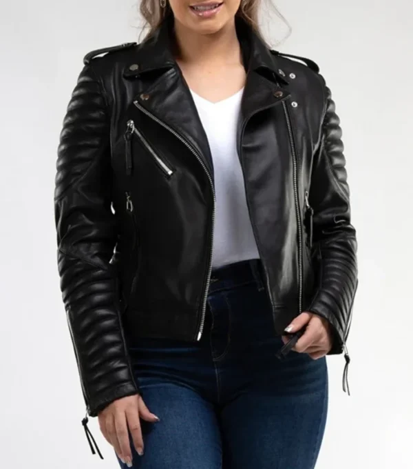 Jairess Timeless Look Black Biker Quilted Sleeves Leather Jacket