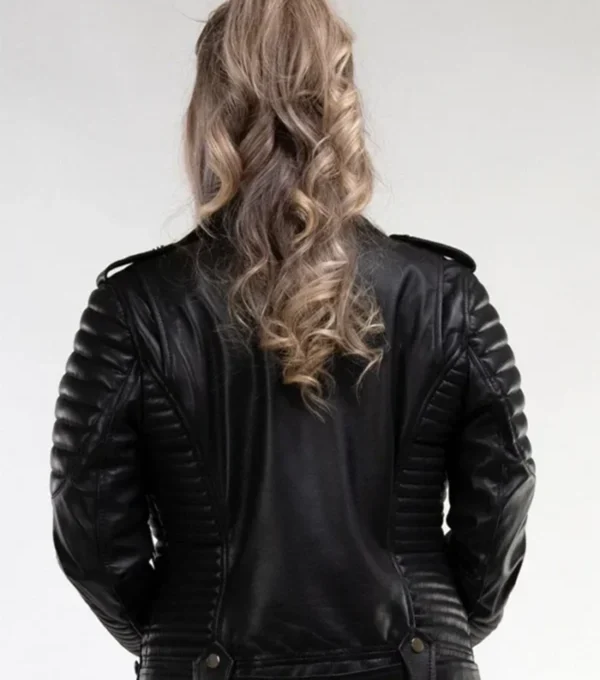 Jairess Timeless Look Black Biker Quilted Sleeves Leather Jacket Back