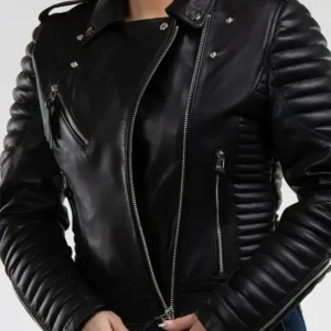 Jairess Timeless Look Black Biker Quilted Sleeves Leather Jacket Front