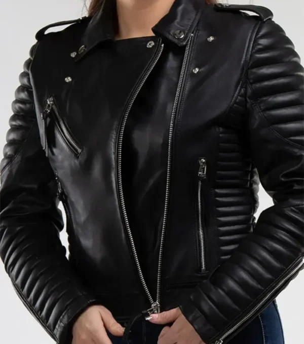 Jairess Timeless Look Black Biker Quilted Sleeves Leather Jacket Front