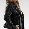 Jairess Timeless Look Black Biker Quilted Sleeves Leather Jacket Side View