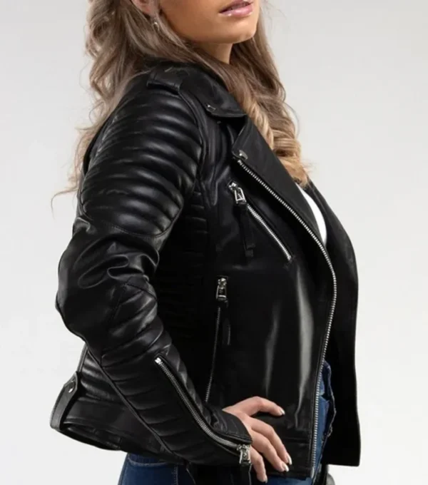Jairess Timeless Look Black Biker Quilted Sleeves Leather Jacket Side View