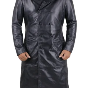 James Aviator Style Long Leather Overcoat