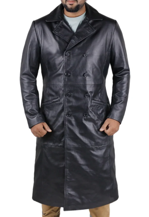 James Aviator Style Long Leather Overcoat