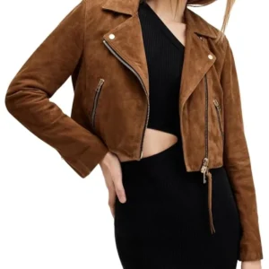 Jasmyn Brown Suede Biker Cropped Leather Jacket