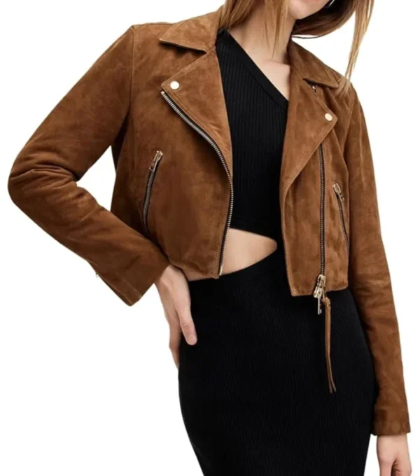 Jasmyn Brown Suede Biker Cropped Leather Jacket