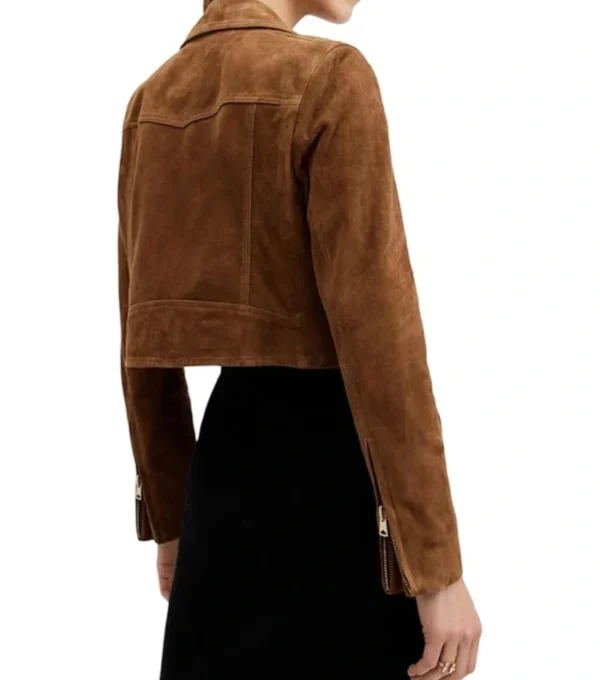 Jasmyn Brown Suede Biker Cropped Leather Jacket Back