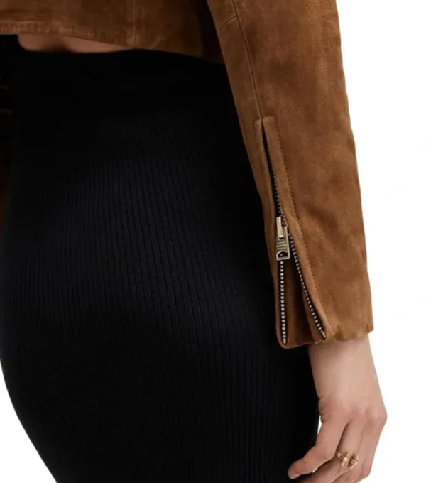 Jasmyn Brown Suede Biker Cropped Leather Jacket Closeup