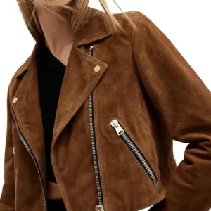 Jasmyn Brown Suede Biker Cropped Leather Jacket Front