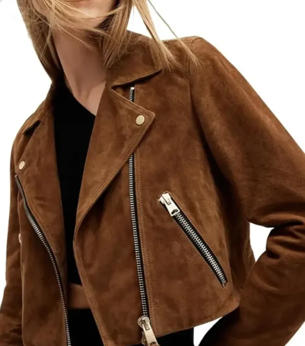 Jasmyn Brown Suede Biker Cropped Leather Jacket Front