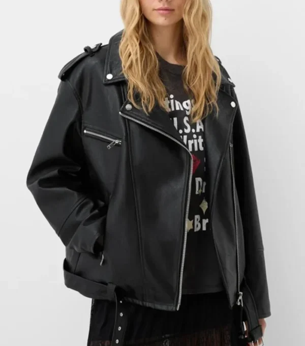 Jaycie Multi Pockets Black Leather Biker Jacket