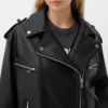 Jaycie Multi Pockets Black Leather Biker Jacket Front