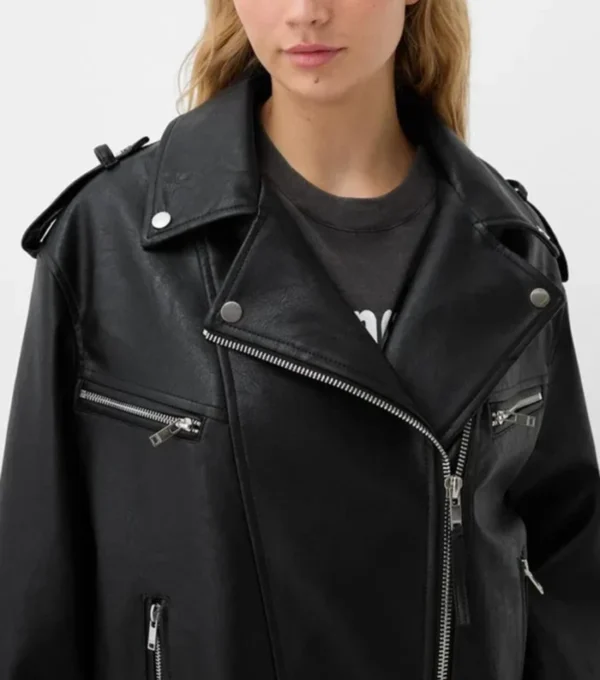 Jaycie Multi Pockets Black Leather Biker Jacket Front