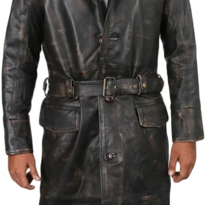 Jayden Mens Genuine Cow Leather Long Trench Coat in Brown