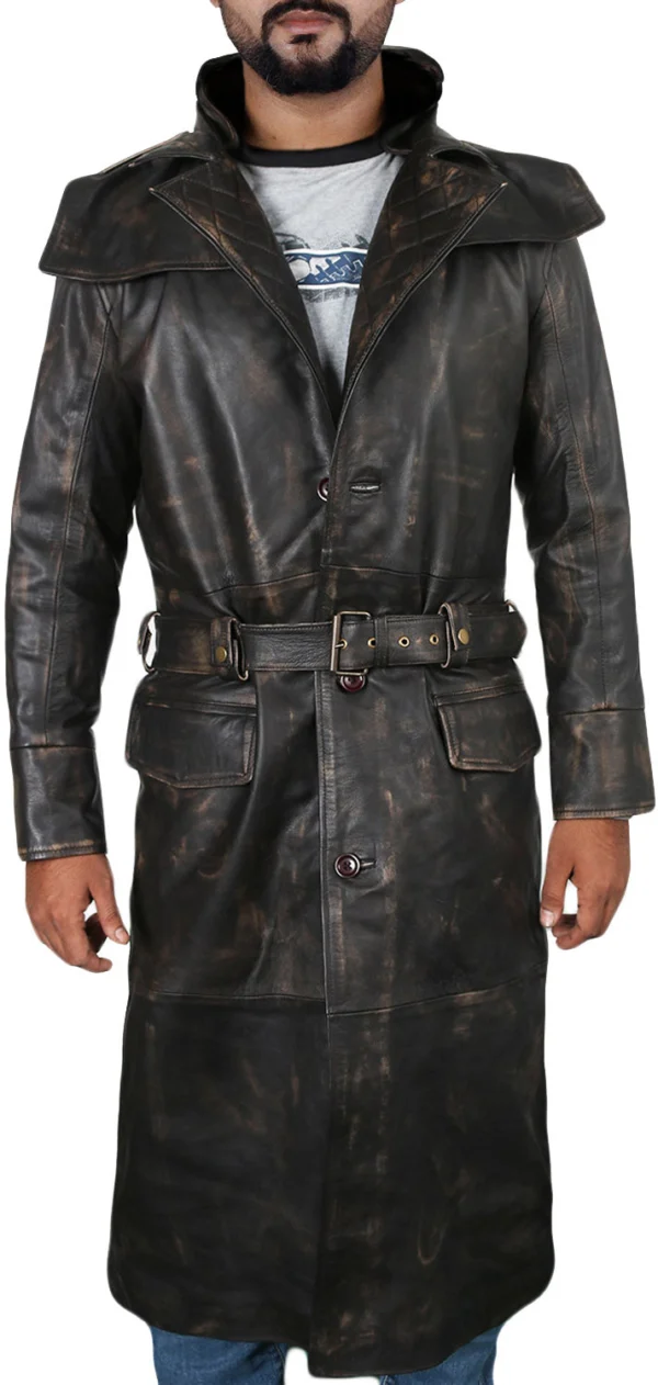 Jayden Mens Genuine Cow Leather Long Trench Coat in Brown