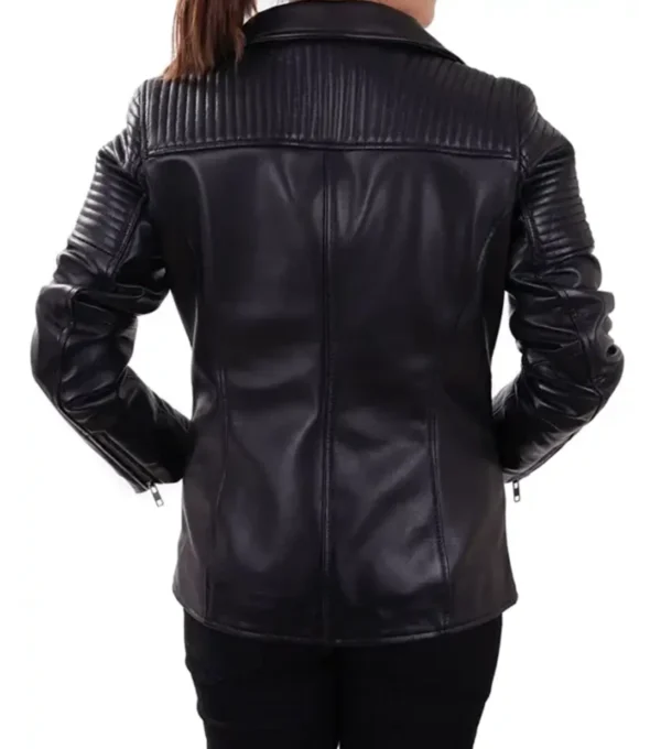 Joby Quilted Shoulder Real Leather Biker Jacket Back