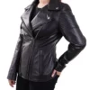 Joby Quilted Shoulder Real Leather Biker Jacket Side View