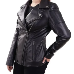 Joby Quilted Shoulder Real Leather Biker Jacket Side View