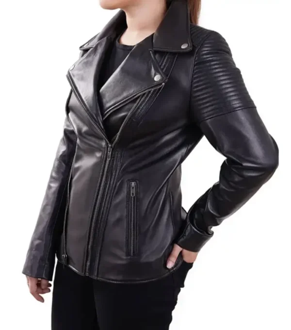 Joby Quilted Shoulder Real Leather Biker Jacket Side View