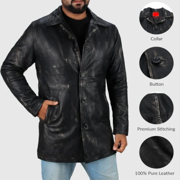 Joey Modern Fit Long Leather Car Coat Closeups
