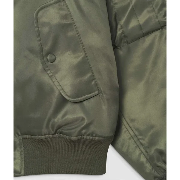 Joie Green Satin Army Bomber Jacket Closeup