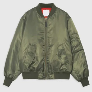 Joie Green Satin Army Bomber Jacket Front