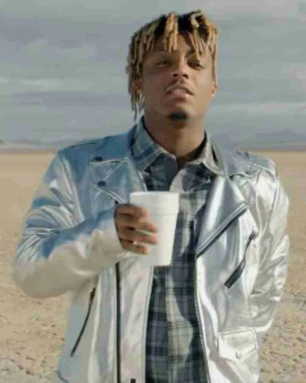 Juice Wrld on Drugs Silver Biker Leather Jacket front