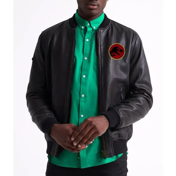 Jurassic Park Black Leather Bomber Jacket Front