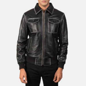Kadyn Distressed Black Bomber Leather Jacket