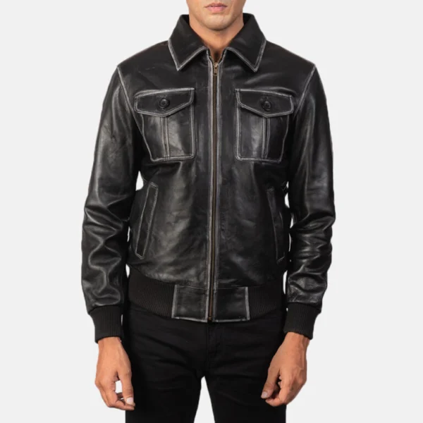 Kadyn Distressed Black Bomber Leather Jacket