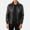 Kadyn Distressed Black Bomber Leather Jacket Open Front