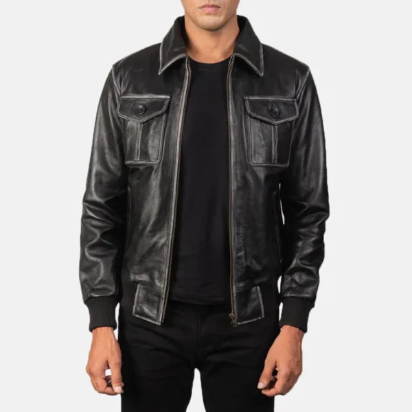 Kadyn Distressed Black Bomber Leather Jacket Open Front