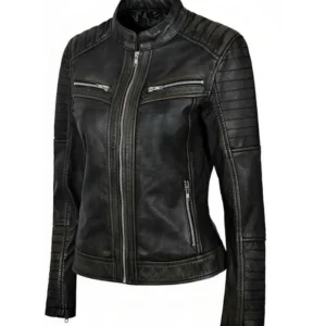 Kaelyn Distressed Style Black Leather Jacket Side View
