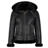 Kaila B3 Shearling Black Real Leather Hooded Bomber Jacket