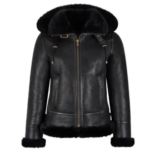 Kaila B3 Shearling Black Real Leather Hooded Bomber Jacket