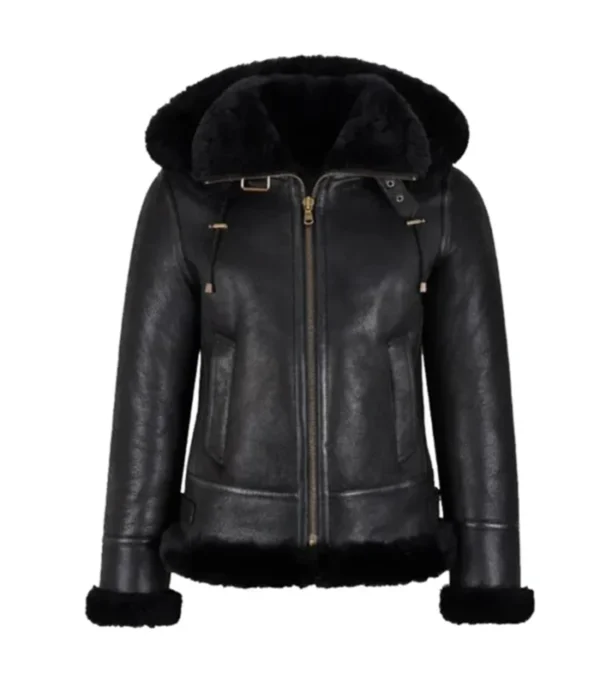 Kaila B3 Shearling Black Real Leather Hooded Bomber Jacket