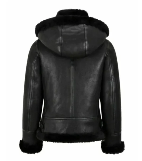 Kaila B3 Shearling Black Real Leather Hooded Bomber Jacket Back