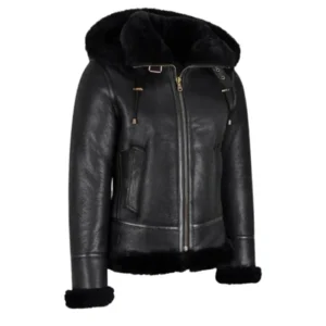 Kaila B3 Shearling Black Real Leather Hooded Bomber Jacket Front