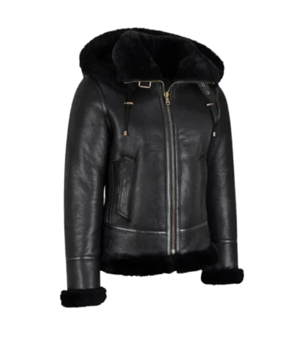 Kaila B3 Shearling Black Real Leather Hooded Bomber Jacket Front