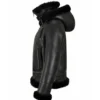 Kaila B3 Shearling Black Real Leather Hooded Bomber Jacket Side View